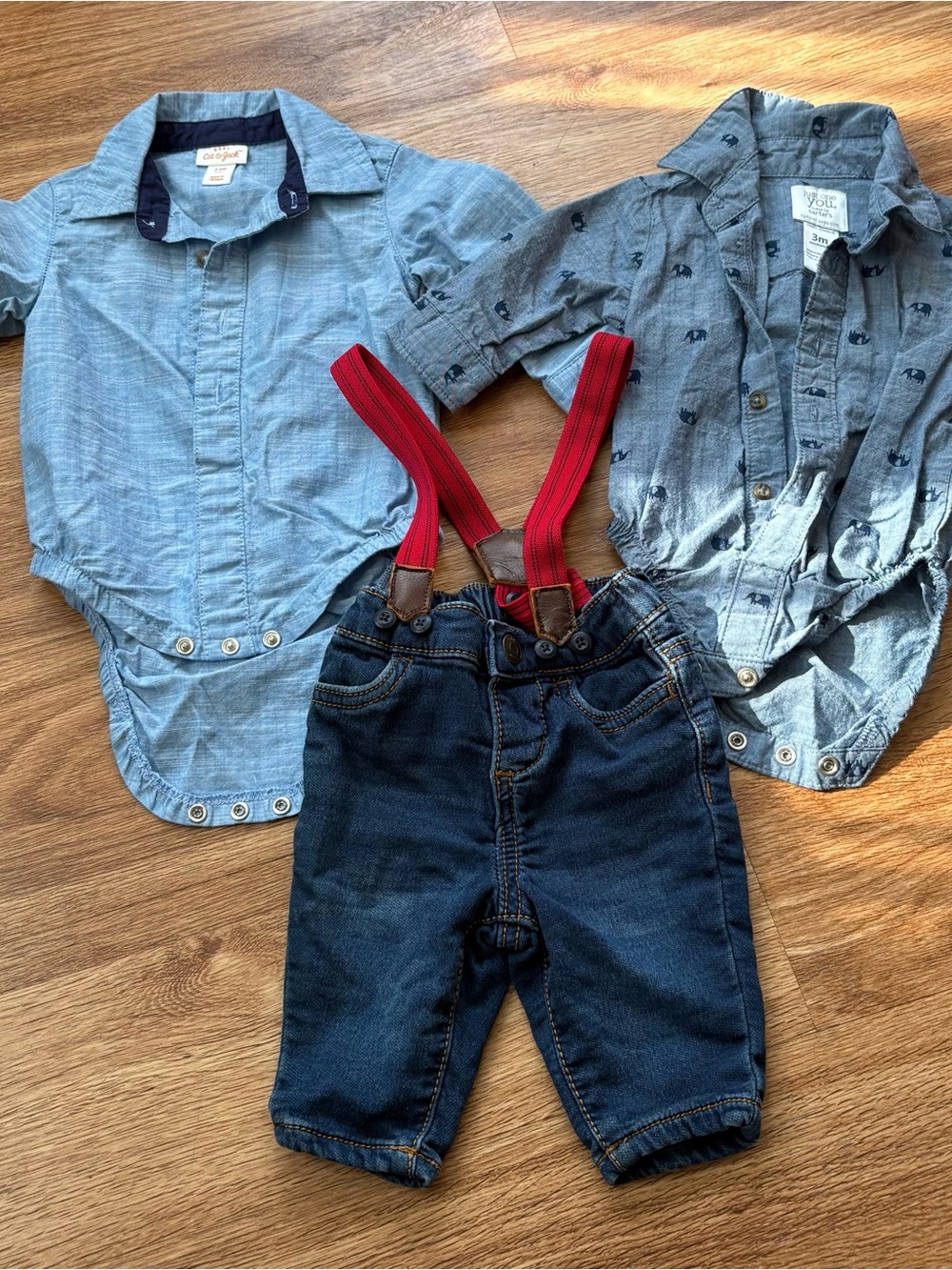 Children's Dark Denim Suspender Pants with Red Straps Collared Shirt Bundle